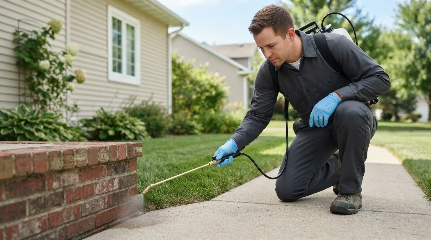 Pest control technician treating a home near Roaring River, NC